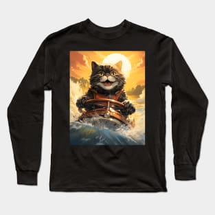 Retro Cats Summertime Boating | Vintage Style Kitty Art Long Sleeve T-Shirt